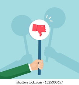 Group of business people with thumbs down placard. Social media. Bad opinion, dislike, disapproval. Testimonials, feedback, customer review concept. Vector flat design