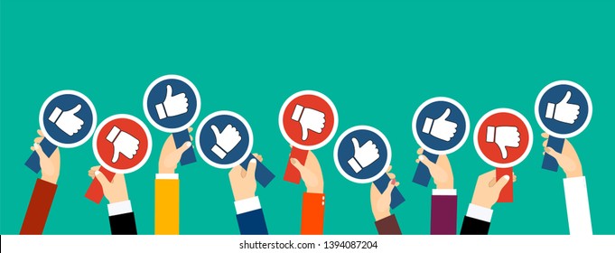 Group of business people with thumbs up and thumbs down icon. Testimonials, feedback, customer review concept. Vector illustration. Flat style design