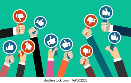 Group of business people with thumbs up and  thumbs down icon. Testimonials, feedback, customer review concept. Vector illustration. Flat style design