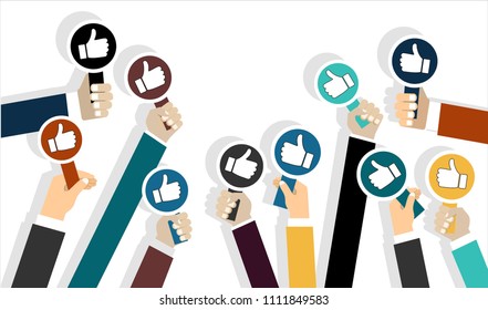 Group of business people with thumbs up icon. Testimonials, feedback, customer review concept. Vector illustration. Flat style design