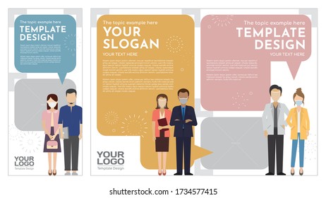 Group of Business people using face masks template design, office teamwork icons. Vector illustration of flat design characters. Layout ornament concept for business presentation, advertising material