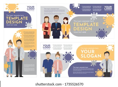 Group of Business people using face masks template design, office teamwork icons. Vector illustration of flat design characters. Layout ornament concept for business presentation, advertising material