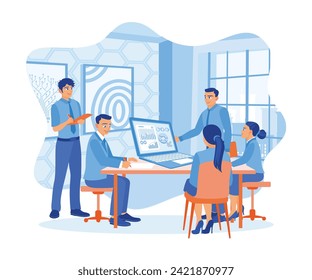 Un grupo de empresarios están usando laptops durante las reuniones. Trabajar juntos en nuevos proyectos empresariales. Empresarios en el concepto de trabajo de oficina. Ilustración vectorial plana.