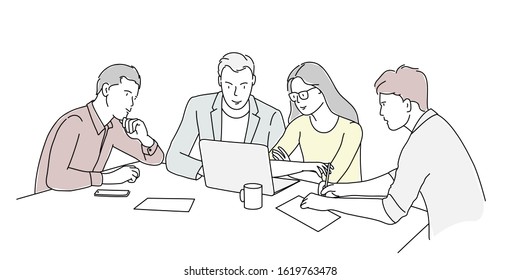 Group of business people using notebook. Hand drawn vector illustration.