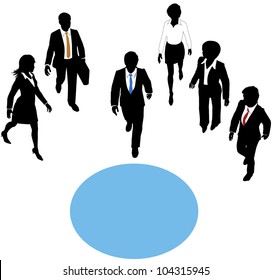 Group of business people walk paths toward a connection copyspace circle