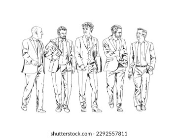 Group of business people walking in the city. Collection of silhouettes for your project. Sketch, front view