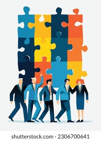 Group business people walking next to puzzle background. 