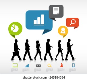 Group of Business People Walking with Speech Bubble