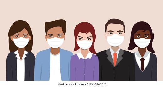 Group of business people wearing medical mask to prevent from corona virus in flat vector style.