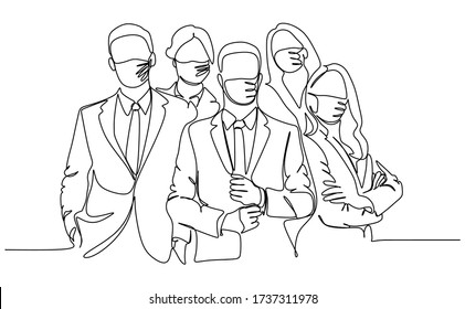 Group of business people wearing protective medical masks for protection from virus - Continuous single line drawing vector illustration