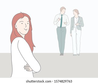 Group of business people. Woman standing pose in side profile. Hand drawn vector illustration.