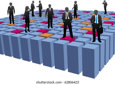 A group of business people work network on top of an abstract matrix array of box cubes.