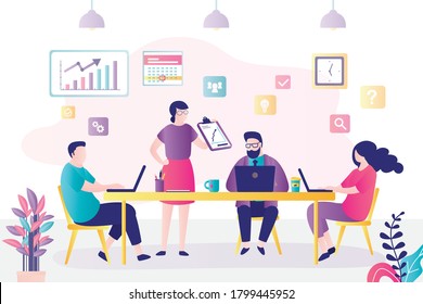 Group of business people at work table. Team solution of tasks and problems in office. Collective joint work, discussion and brainstorm. Teamwork, new project development. Flat vector illustration