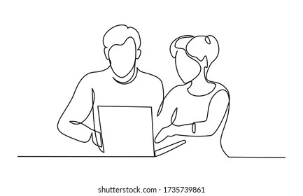 Group of business people work using notebook. Continuous one Line drawing. Vector illustration.