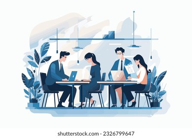 Group of business people working together in office. Flat vector illustration.