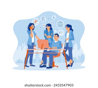 A group of business people working together as a team at the office desk. A team of people is sitting at desks with laptops. flat vector modern illustration