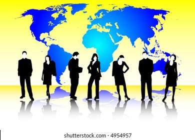 A group of business people with a  world behind them