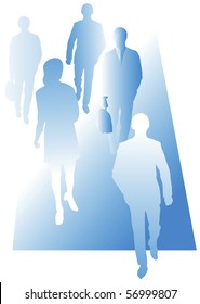 Group of business persons walking forward as silhouettes on blue background.