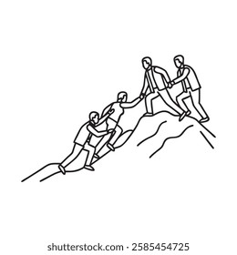 Group of business professionals assisting one another in ascending a mountain, symbolizing teamwork and collaboration continuous line art.