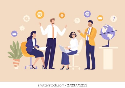 Un grupo de profesionales de negocios involucrados en la conversación y el intercambio de información, representando la comunicación, el trabajo en equipo, la colaboración, la creación de redes y el intercambio de conocimientos