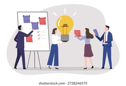A group of business professionals gather for a creative brainstorming session. The scene shows a dynamic team collaborating to generate innovative solutions.