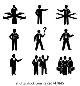 Grupo de profesionales de negocios que navegan por múltiples caminos tomando decisiones y participando en discusiones