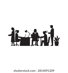 Group of business professionals working in corporate office setting showing employees sitting at desk with laptops manager standing and team collaboration atmosphere perfect for corporate communications business culture leadership professional training productivity reports and modern workplace visual.