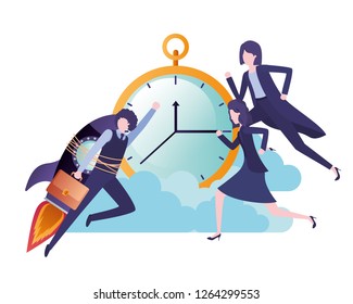 group of business with rocket and clock character