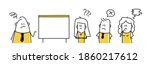 Group of business stick figures talking about work strategy. People with negative emotions. Hand drawn vector illustration.