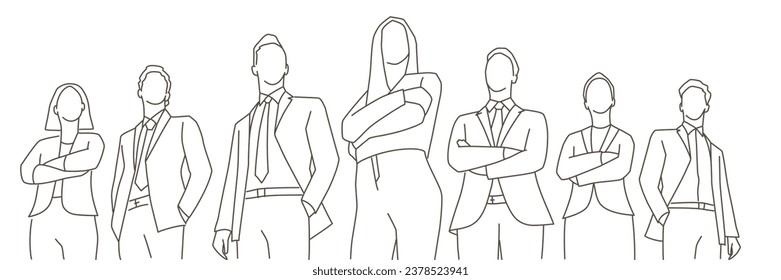 Group of business successful people. Business team with determination and confidence. Hand drawn vector illustration. Black and white.