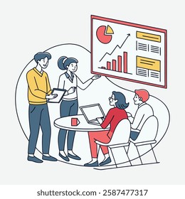 Group business team conference meeting working for project planning and brainstorming with business people analytics and monitoring marketing report chart dashboard monitor concept. flat vector