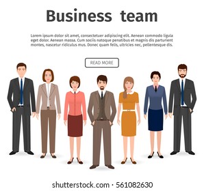 Group business team. Flat men and women characters, office employee standing together. Teamwork concept. Vector illustration