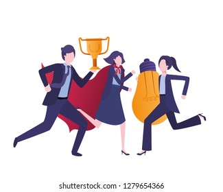 group of business with trophy and light bulb