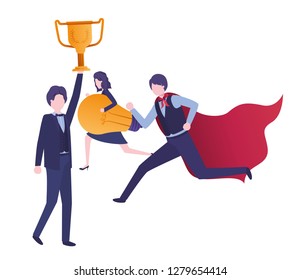group of business with trophy and light bulb