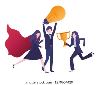 group of business with trophy and light bulb