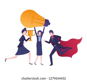 group of business with trophy and light bulb