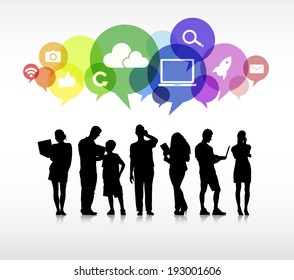 Group of business in a white background with colorful speech bubbles above containing social networking symbols.