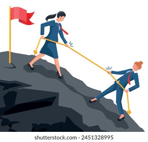 Group of Business Woman Climbing on Mountain Peak. Symbol of Team Work, Victory, Successful Mission, Goal and Achievement. Trials and Testing. Win, Business Success. Flat Vector Illustration