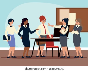 group business women characters working in the office vector illustration