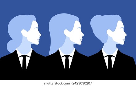 Group of business women. Formal attire and various hairstyles. Standing in a row. The women professionalism, confidence, and diversity in the workplace.