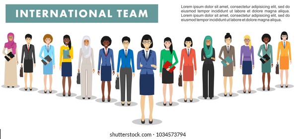 Group of business women standing together on white background in flat style. Business team and teamwork concept. Different nationalities and dress styles. Flat design people characters.