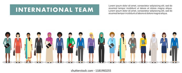 Group of business women standing together on white background in flat style. Business team and teamwork concept. Different nationalities and dress styles. Flat design people characters.