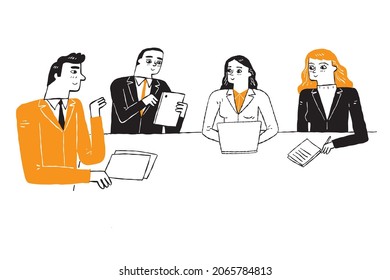 The group of business workers manager and employees meeting, Hand drawing Vector Illustration doodle line art style.