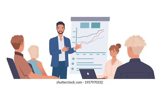 Group of business workers smiling happy and confident in a meeting. Vector illustration in a flat style