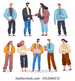 Group of business working people standing on white background. Business man and business woman in flat design people characters. Persons in different positions of the body and objects in their hands