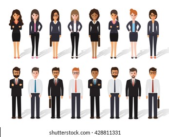 Group of business working people standing on white background. business man and business woman in flat design people characters.