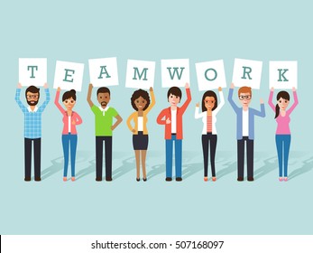 Group of businessman and businesswoman holding teamwork signs. Flat design people characters.