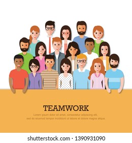 Group of businessman and businesswoman, people at work with teamwork banner on white background. Business team and teamwork concept in flat design people characters.