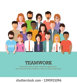 Group of businessman and businesswoman, people at work with teamwork banner on white background. Business team and teamwork concept in flat design people characters.