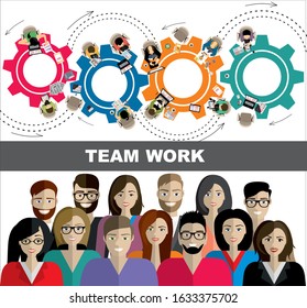 Group of businessman and businesswoman, people at work with teamwork banner. Business team and teamwork concept in flat design people characters.